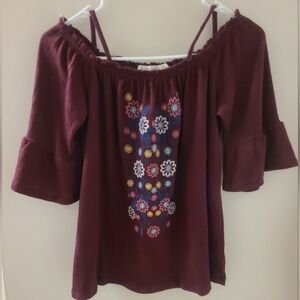 Burgundy Ruffled Bell Sleeve Blouse